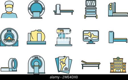 Symbole für MRT-Scan gesetzt. Kontur Satz von mr-Scan-Vektorsymbolen dünne Linie, flach auf weiß Stock Vektor