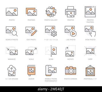Symbol für Fotolinie eingestellt. Bildergalerie, Bilderrahmen, Drucker, Größenänderung von Dateien, minimale Vektorgrafiken der Kamera. Einfache Umrisszeichen für den Foto-Editor Stock Vektor