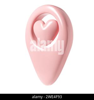 Kartenzeiger 3D-Pin-Symbol valentine. Rosafarbener Geotag-Punkt mit Herz, Lieblingssymbol Liebe. Illustration für Web, Apps, Infografiken Stockfoto