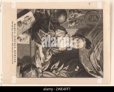 Porträt von Maria Sibylla Merian, Jacob Houbraken, in oder nach 1717 - 1780 Druck Porträt in der Hälfte rechts von Maria Sibylla Merian in einem Innenraum. Für sie ein Blatt Papier, im Vordergrund rechts eine Pflanze in einem Topf und links Studien von Pflanzen und Muscheln. Unter dem Porträt ihr Name und ihre Daten in lateinischer Sprache. Amsterdamer Papiergravur/Ätzung Stockfoto