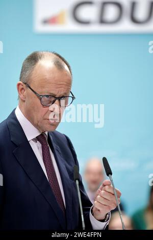 Friedrich Merz, Vorsitzender der CDU und Fraktionsvorsitzender der CDU-Bundestagsfraktion, Wirtschaftskonferenz von CDU und mit - Deutschland kann es besser, im Konrad-Adenauer-Haus, DEU, Berlin, 23.01.2024 *** Friedrich Merz, Vorsitzender der CDU und Vorsitzender der CDU-Bundestagsfraktion im Bundestag, Wirtschaftskonferenz der CDU und des mit Deutschland kann besser werden, im Konrad-Adenauer-Haus, DEU, Berlin, 23 01 2024 Stockfoto