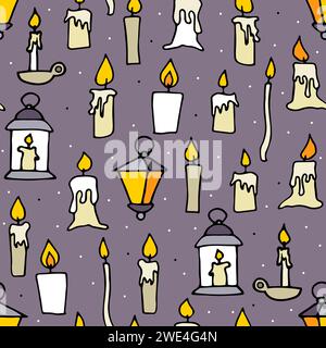 Doodle brennende schwebende Kerzen nahtloses Muster. Handgezeichneter Kerzenhalter, Lampe auf taupefarbenem Hintergrund. Weihnachten, Weihnachten, Kirche, Halloween tropft Stock Vektor