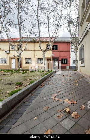 Spazieren Sie mit Blättern auf dem Kopfsteinpflaster auf dem Weg zu zweistöckigen Einfamilienhäusern Stockfoto