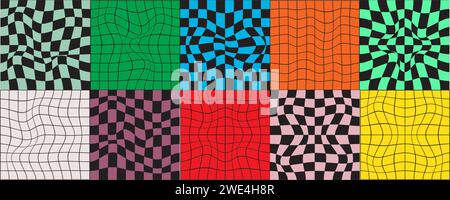Satz verzerrter Schachbretthintergründe. Psychedelische Muster mit verzerrten Farbquadraten. Karierte optische Illusion. Groovige Layouts in Retro 60s 70s Stock Vektor