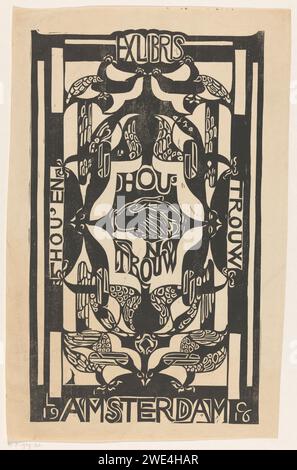 Ex Libris der Hou'en Trouw Association, Carel Adolph Lion Cachet, 1916 Druck in der Mitte zwei Hände, die sich gegenseitig schütteln. Links vertikal 'Hou' und ', rechts vertikal' Faithful '. Stilisierte Vögel oben und unten. Amsterdam Papier schüttelt die Hände, 'Dextrarum junctio'. Vögel Amsterdam Stockfoto