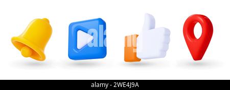Symbole für 3D-soziale Medien. Symbole anheften, benachrichtigen, abspielen und genehmigen. Vektorglocke, Pfeiltaste, Daumen nach oben und Karten-Tag in lebendigen Farben und realistischen Schatten, die digitale App-Plattformen modern machen Stock Vektor
