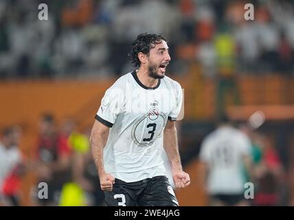 22. Januar 2024: Mohamed Hany Gamal Eldemerdash (Ägypten) gibt Gesten während eines Spiels der Gruppe B des Afrikanischen Nationalcups Ägypten gegen Kap Verde im Stade Felix Houphouet-Boigny, Abidjan, Elfenbeinküste. Kim Preis/CSM Stockfoto