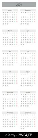 Monatskalender des Jahres 2024. Die Woche beginnt am Montag. Monatsblock in vertikaler Anordnung in zwei Spalten. Schlichtes, dünnes, minimalistisches Design. Vektorabbildung. Stock Vektor