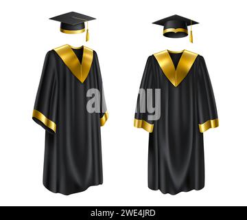 Isoliertes, realistisches Kleid und Mütze mit Graduierung. 3D-Vektorbekleidung für Abschlusszeremonie an der Universität. Schwarzer formeller Bademantel mit goldenem Dekor und Mörtelpappe mit Quaste, die akademische Leistung symbolisiert Stock Vektor