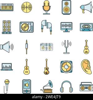Akustische Audiosymbole eingestellt. Kontur Satz von akustischen Audio-Vektorsymbolen dünne Linie Farbe flach auf weiß Stock Vektor