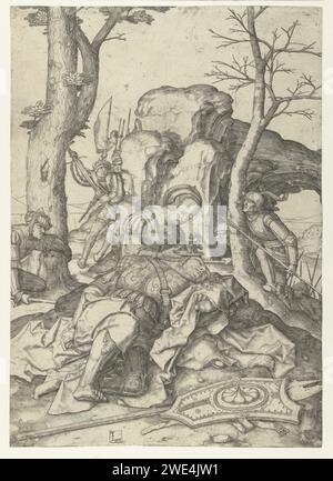 Simson A Delila, Lucas van Leyden, 1502 - 1509 Druck Delila schneidet Simson schlafend auf ihrem Schoß die Haare. Die Anzahl der bewaffneten Männer ist bereit anzugreifen. Samsons Haarlöckchen werden von Delilah abgeschnitten Stockfoto