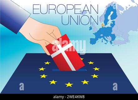 Europäische Union, Wahlbox, Wahlen zum Europäischen parlament, dänische Flagge und Karte, Vektorillustration Stock Vektor