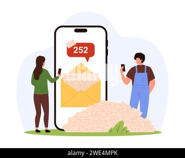 Warnbenachrichtigung bei Spam, Überladung mobiler Mailbox-Anwendungen mit Marketing-E-Mails. Winzige Leute, die in der Nähe eines Stapels von Briefumschlägen, Abonnementslettern und großer Handy-Cartoon-Vektor-Illustration stehen Stock Vektor