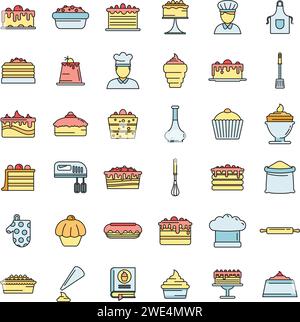 Set mit Homesymbolen für Konditor. Kontursatz von Konfekt-Home-Vektor-Symbolen dünne Linie Farbe flach auf weiß Stock Vektor