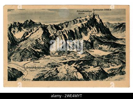 Postkarte mit schattierter Reliefzeichnung, die die Strecke der Bayerischen Zugspitzbahn zeigt. Veröffentlichung autorisiert durch US Army 6870 DISCCC (CA.1944-1946.) Stockfoto