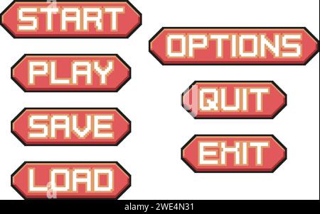 Menüschaltflächen Pixel Art Set. Grafische Elemente der 8-Bit-Benutzeroberfläche. Spieleentwicklung, mobile App. Isolierte Vektordarstellung Stock Vektor