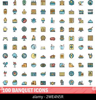 100 Bankettsymbole. Farblinie Satz von Bankettvektorsymbolen dünne Linie Farbe flach auf weiß Stock Vektor