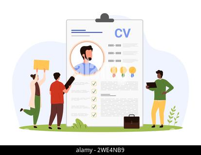 Suche nach Kandidaten, Suche nach Qualifikationen und Berufserfahrung durch HR-Mitarbeiter, Beschäftigung. Winzige Leute mit Lupenstudie Lebenslauf oder Personalprofil der Mann-Karikaturvektor-Illustration Stock Vektor
