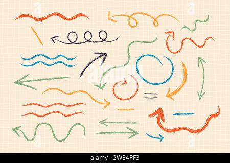 Handgezeichneter Kreidekreidepfeil Set. Kurvige und wellige Pfeile isoliert auf beigem Gitter. Kritzelt und kritzelt Striche. Elemente für Diagramme Stock Vektor