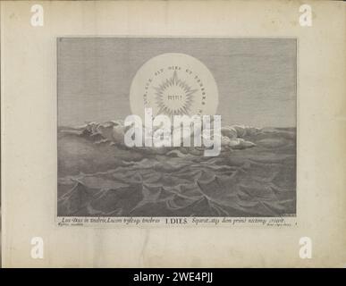 Erster Tag der Schöpfung: Trennung von Licht und Finsternis, 1643 Druck Gott schwimmt auf einer Wolke in Form eines Tetragramms: Über ihm ist Licht, unter ihm Finsternis. Am ersten Tag der Schöpfung schuf Gott Licht und Finsternis. Unter der Aufführung ist ein lateinischer Verweis auf den Bibeltext in 1:3. Dieser Ausdruck ist Teil eines Albums. Amsterdamer Papierstich Trennung von Licht und Dunkelheit. Tetragramm (in römischer oder hebräischer Schrift)  Symbol Gottes Vater Stockfoto