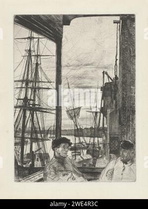 Rotherhithe, James Abbott McNeill Whistler, 1860 drucken zwei Rohrleitungsmänner auf einem Balkon, hinter ihnen Blick über die Boote in der Themse bei Wapping. Zwischen den Masten auf der linken Seite, die Kuppel der St. Pauls Kathedrale ist sichtbar. England Papierätzung / Trockenpunkt Stadtblick im Allgemeinen; „Veduta“. Segelschiff, Segelboot Themse. London Stockfoto