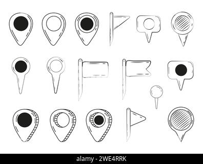 Navigationsmarkierungen, Pinpoints, Tags im handgezeichneten Stil. Doodle Pin Symbol, Positionsschilder Sammlung Stock Vektor
