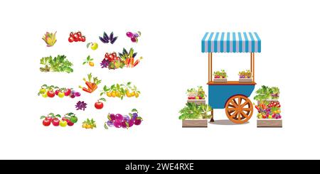 Blaues Tauschtablett auf Rädern mit Gemüse. Kisten mit Früchten und Kräutern. Gestreiftes Baldachin. Zeichentrickstil, Vektor-Illustration. Stock Vektor