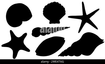 Muschel Silhouetten Vektor Set. Abbildung von Muscheln auf isoliertem Hintergrund. Zeichnung von Jakobsmuscheln und Seestern. Cockleshell mit schwarzer Tinte für Symbol oder Logo. Unterwasserätzung. Stock Vektor