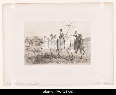 Fünf Ulanen in Eggersdorf, Conrad Ahrendts, 1884 Druck Weimarer Papier, das Privatsoldat (+ Kavallerie, Reiter) Eggersdorf ätzt Stockfoto