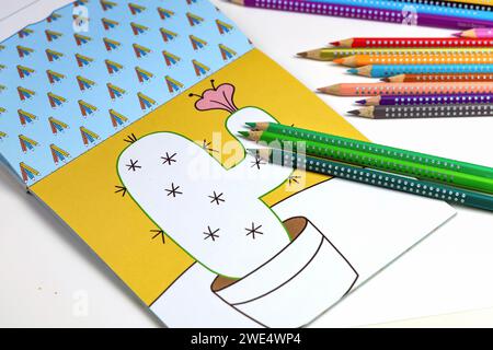 Farbstifte zum Zeichnen verschiedener Farben und Malbuch für Kinder. Stockfoto