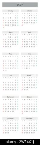 Monatskalender des Jahres 2027. Die Woche beginnt am Sonntag. Monatsblock in vertikaler Anordnung in zwei Spalten. Schlichtes, dünnes, minimalistisches Design. Vektorabbildung. Stock Vektor