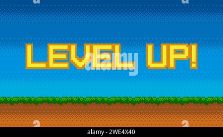 Pixelbild-Banner mit ebenem Text und Hintergrund im Außenbereich. Farbenfroher Pixel-Arcade-Bildschirm für Spieldesign. Vektorabbildung Stock Vektor