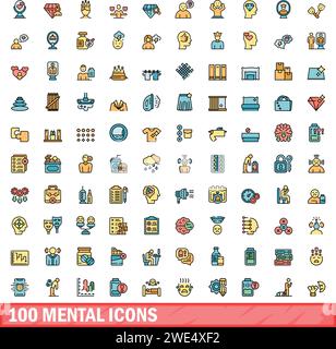 100 mentale Symbole eingestellt. Farblinie Satz von mentalen Vektorsymbolen dünne Linie Farbe flach auf weiß Stock Vektor