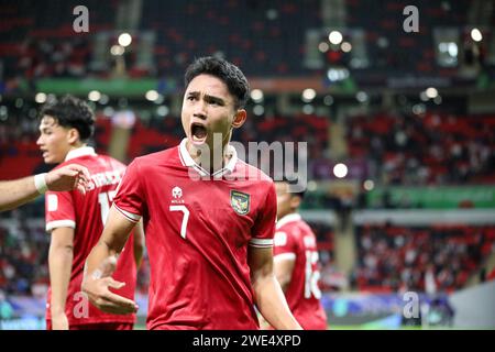 Al Rayyyan, Katar. Januar 2024. Marselino Ferdinan aus Indonesien feiert sein Tor 1-1 beim AFC Asian Cup Qatar 2023, dem Gruppenspiel zwischen Indonesien und dem Irak am 15. Januar 2024 im Ahmed bin Ali Stadium in Al Rayyan, Katar - Foto Najeeb Almahboobi/TheMiddleFrame/DPPI Credit: DPPI Media/Alamy Live News Stockfoto