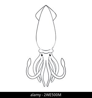 Tintenfisch-Ikone im Line-Art-Stil. Handgezeichnete Unterwasser-Tierform. Vektorillustration auf weißem Hintergrund isoliert. Stock Vektor
