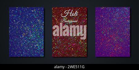 Happy Holi Indian Festival Banner, farbenfroher Gulaal, Puderfarbe, Party Set luxuriöse schwarze Karte mit Explosionsmuster und Kristallen mehrfarbigen Karten Stock Vektor