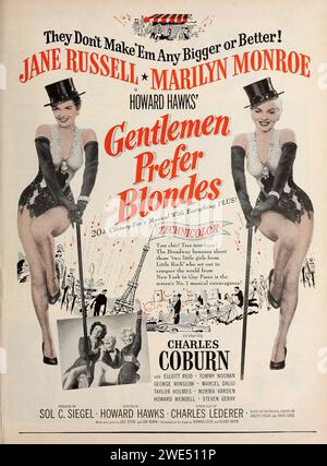 Meine Herren bevorzugen Blondinen-Plakatwerbung im Modern Screen Magazin. Feat Jane Russell und Marilyn Monroe 1953 Stockfoto