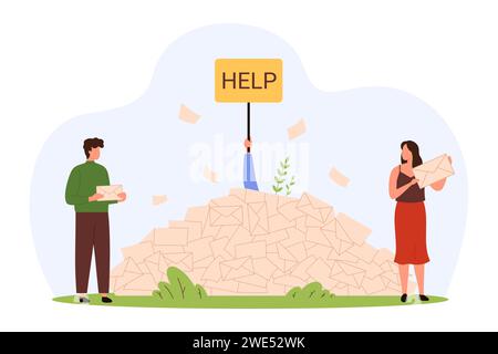 Posteingang überladen mit Spam-Informationen, Newslettern und E-Mails. Winzige Leute, die Umschlag halten, überwältigter Mann mit Hilfe Zeichen ertrinken in unordentlichen Marketing Buchstaben stapeln Cartoon Vektor Illustration Stock Vektor