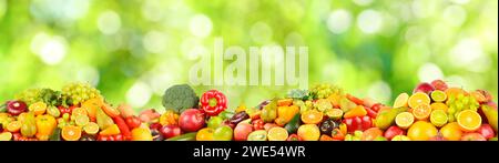 Große Sammlung von frischem Obst, Gemüse und Beeren auf grünem, verschwommenem Hintergrund. Stockfoto