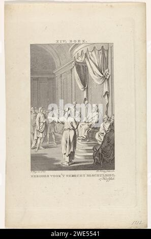 Herodes vor dem Gericht, Theodoor Koning, nachdem Jacobus 1780 Abdruck gekauft hatte, erscheint Herodes auf Anordnung von Hyrcanus wegen Mordverdacht vor dem Gericht. Hinter ihm sind seine Leibwächter zum Schutz. Sameas, der einen Turban trägt, wagt es, die Anklage gegen Herodes im Gericht zu bestätigen. Dieser Druck ist eine Illustration im siebzehnten Kapitel des vierzehnten Buches von „alle Werke des Flavius Josephus“. Amsterdamer Papiergravur Christus vor König Herodes; manchmal wird ein herrliches Gewand mitgebracht (Lukas 23:8-11) Stockfoto