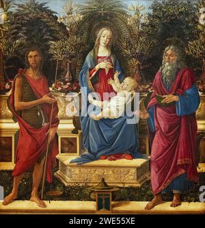 Sandro Botticelli Gemälde: Maria thront mit dem Kind und den zwei Johns, ursprünglich aus dem Bardi-Altar um 1484; italienische Renaissance-Kunst. Stockfoto