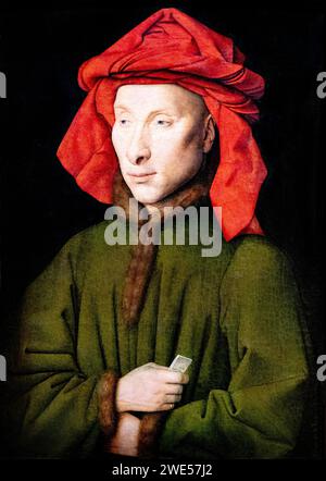 Jan van Eyck Malerei; Porträt eines Mannes mit einem roten Chaperon (Kapuze); 1435–40, möglicherweise Giovanni di Nicolao Arnolfini; frühe niederländische Malerei Stockfoto