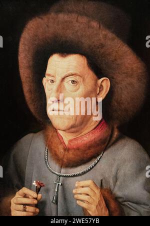 Kopie nach einem Gemälde von Jan van Eyck; 'der Mann mit den Pinks' um 1520. Porträt eines Mannes mit Blumen, Eine spätere Variation eines verlorenen Van-Eyck-Gemäldes. Stockfoto