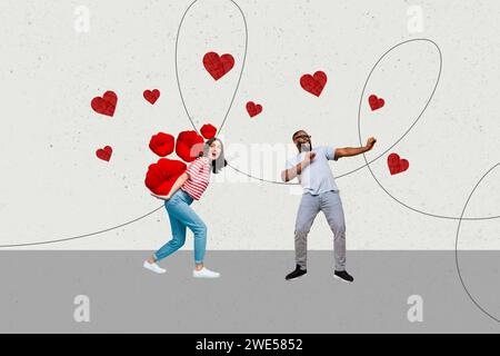 Collage kreative Poster Illustration aufgeregtes glückliches Lächeln junger Paar Mann Tanz Dame tragen Kuss Kritzelei exklusiver grauer Hintergrund Stockfoto