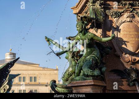 Mendebrunnen vor der Leipziger Oper am Augustusplatz, Leipzig, Sachsen Stockfoto