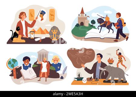 Geschichtsunterricht. Lehrer sprechen über alte Zivilisationen, Ägypten und Rom. Elemente und Symbole des vergangenen Wissens, wissenschaftliche Bildung, Paläontologie und Stock Vektor