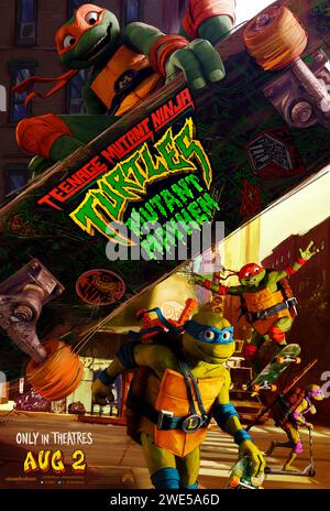 Teenage Mutant Ninja Turtles: Mutant Mayhem (2023) unter der Regie von Raine Allen-Miller mit Micah Abbey, Shamon Brown Jr., Nicolas Cantu und Brady Noon. Die TMNT kehren in dieser stilvollen CGI-Animation zurück und wollten die Herzen der New Yorker gewinnen und als normale Teenager durch heldenhafte Acts akzeptiert werden. US-Poster mit einem Blatt ***NUR FÜR REDAKTIONELLE ZWECKE***. Quelle: BFA / Paramount Pictures Stockfoto