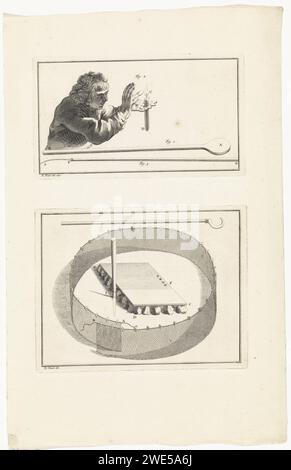 Mann mit einer Kerze und einer Konstruktion mit einem Netz, Bernard Picart (Werkstatt oder), nach Bernard Picart, 1731 drucken zwei Aufführungen auf einem Blatt. Oben: Ein Mann mit einer Kerze in der Hand. Unten: Konstruktion umgeben von einem Netz. Über einem Haken. Amsterdam Papierätzung / Gravurzaun, Wand, Blässe. Kerzenhalter Stockfoto