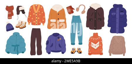Modische Winterkleidung. Moderne warme Kleidung, lässiger Stil, Daunenjacken, Parkas und Bomber, Strickpullover, Hüte und Schals, Jacken und Stiefel Stock Vektor
