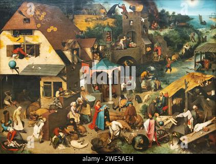 Pieter Bruegel der ältere Gemälde; niederländische Sprüche, 1559, auch bekannt als niederländische Sprüche. Mehr als hundert niederländische Sprüche illustrieren das Leben der Bauern. Stockfoto